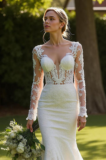 Ivory Mermaid V-Neck Court Train Wedding Dress